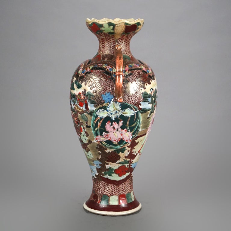 Antique Japanese Satsuma Hand Painted & Gilt Pottery Portrait Vase C1920