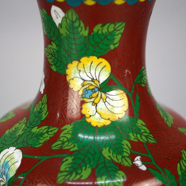 Antique Chinese Cloissone Enameled Vase with Bronze Base, Garden Themed, c1900
