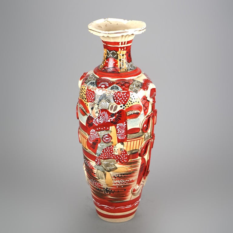 Antique Japanese Satsuma Pottery Vase with Figures C1920