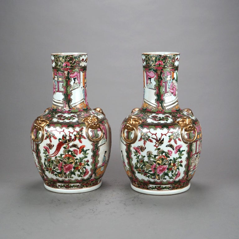 Pair Chinese Rose Medallion Gilt & Enameled Figural Genre Scene Vases 20thC