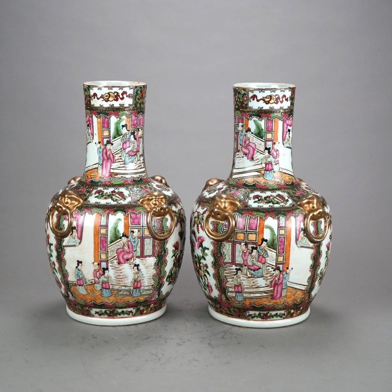 Pair Chinese Rose Medallion Gilt & Enameled Figural Genre Scene Vases 20thC