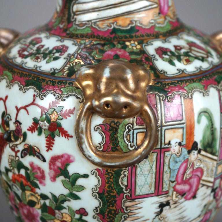 Pair Chinese Rose Medallion Gilt & Enameled Figural Genre Scene Vases 20thC