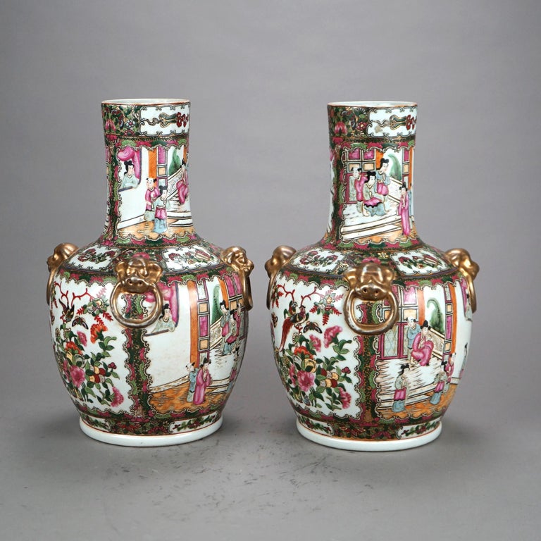 Pair Chinese Rose Medallion Gilt & Enameled Figural Genre Scene Vases 20thC