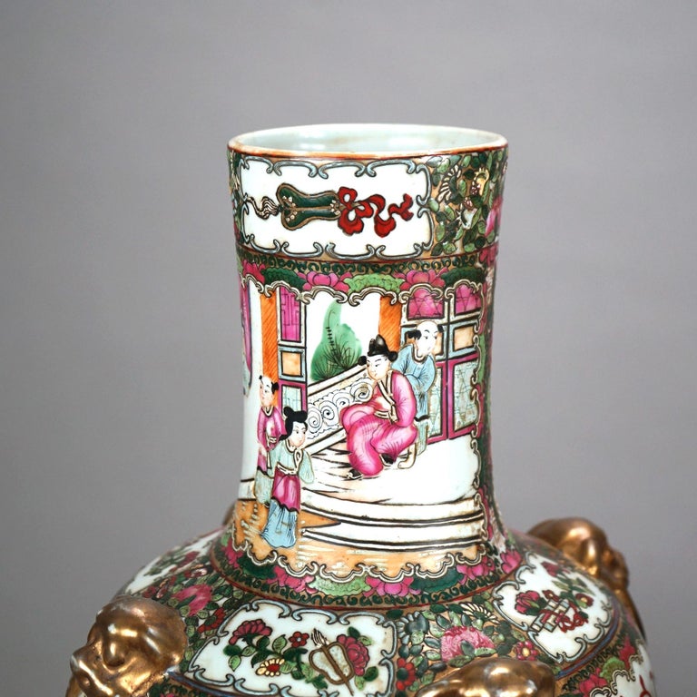 Pair Chinese Rose Medallion Gilt & Enameled Figural Genre Scene Vases 20thC