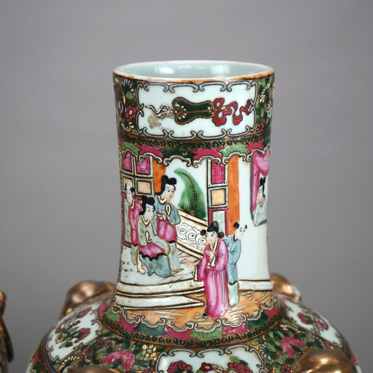 Pair Chinese Rose Medallion Gilt & Enameled Figural Genre Scene Vases 20thC