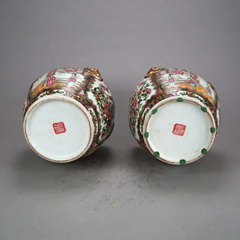 Pair Chinese Rose Medallion Gilt & Enameled Figural Genre Scene Vases 20thC