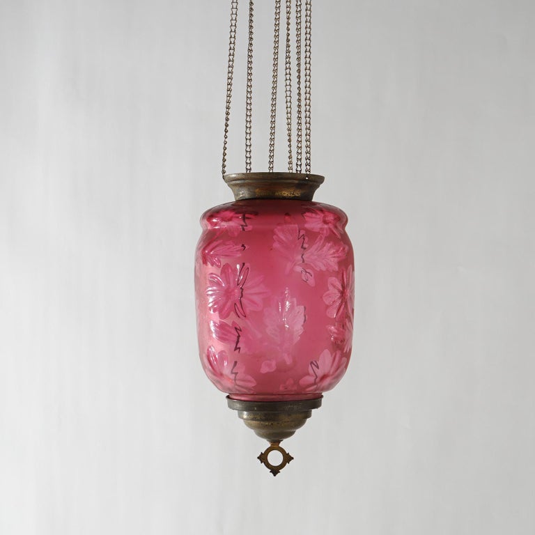 Antique Victorian Cut To Clear Cranberry Glass & Brass Hanging Hall Light C1880