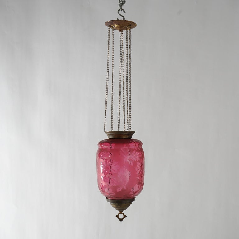 Antique Victorian Cut To Clear Cranberry Glass & Brass Hanging Hall Light C1880