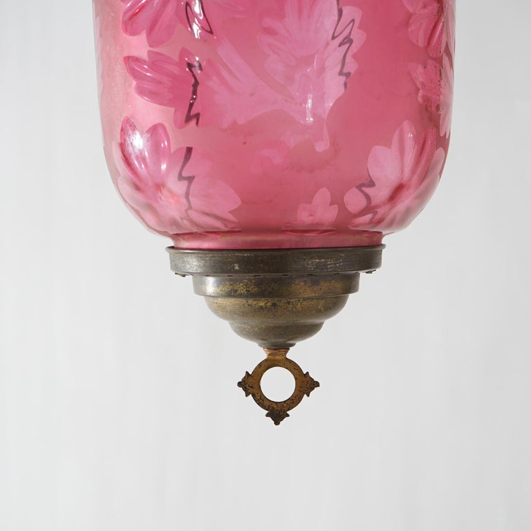 Antique Victorian Cut To Clear Cranberry Glass & Brass Hanging Hall Light C1880