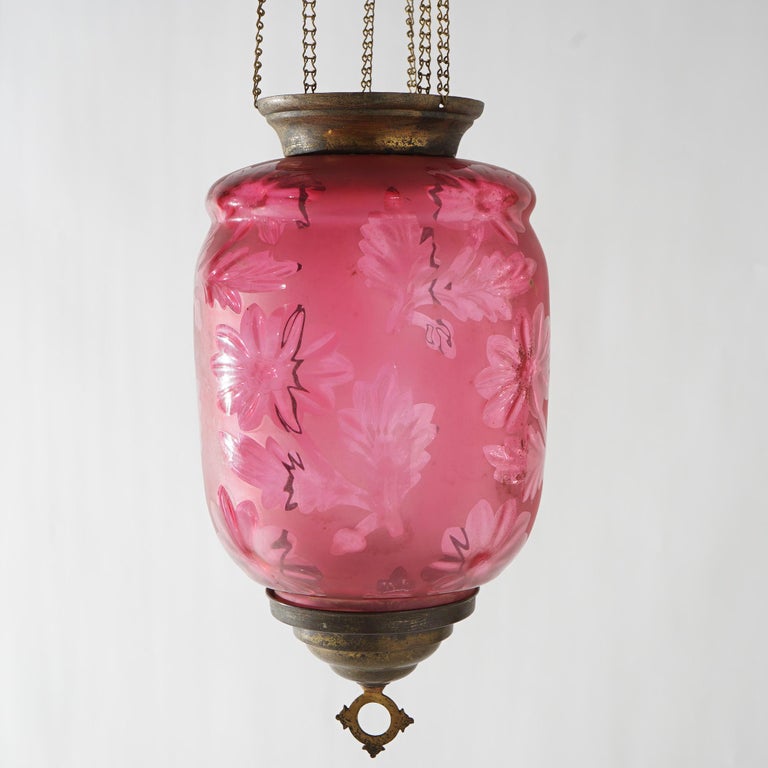 Antique Victorian Cut To Clear Cranberry Glass & Brass Hanging Hall Light C1880