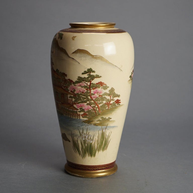 Antique Japanese Satsuma Pottery Vase with Pagoda & Landscape C1920