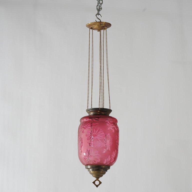 Antique Victorian Cut To Clear Cranberry Glass & Brass Hanging Hall Light C1880