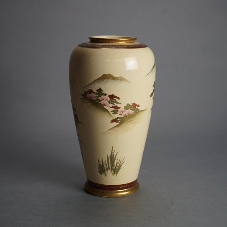 Antique Japanese Satsuma Pottery Vase with Pagoda & Landscape C1920