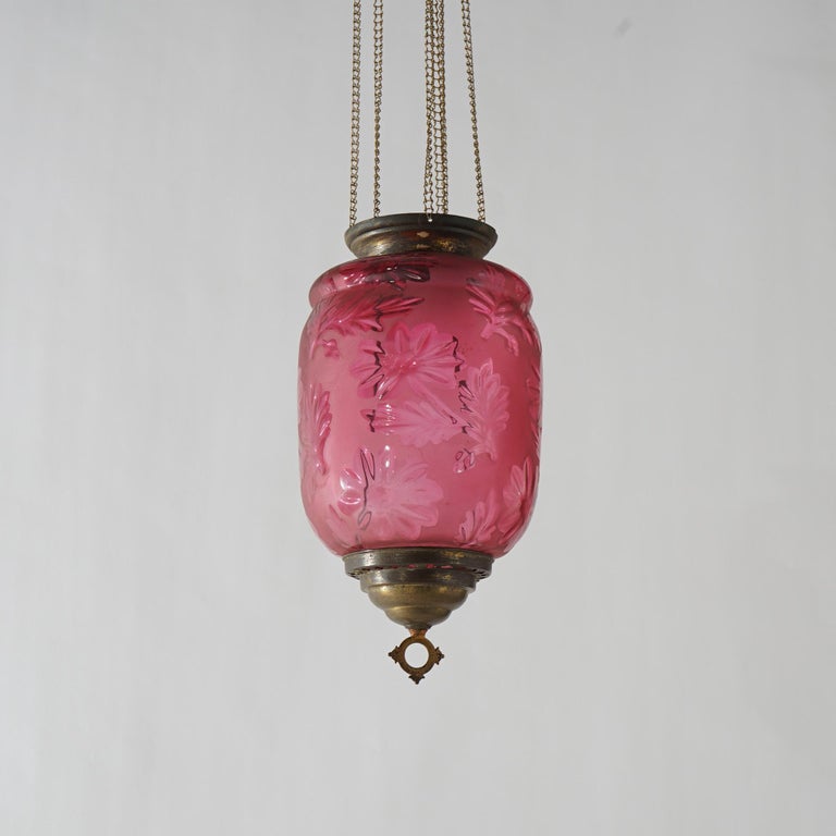 Antique Victorian Cut To Clear Cranberry Glass & Brass Hanging Hall Light C1880