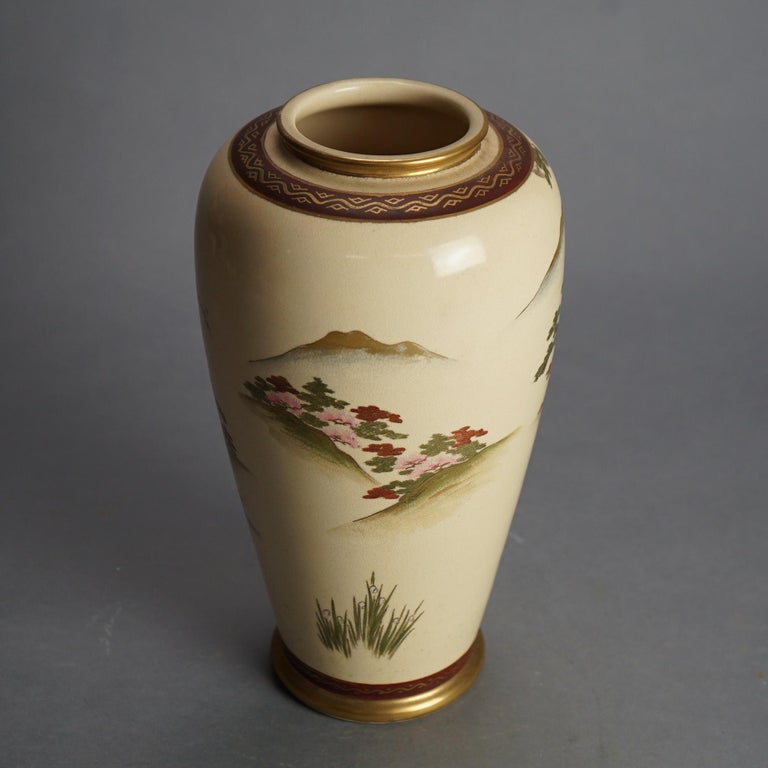 Antique Japanese Satsuma Pottery Vase with Pagoda & Landscape C1920