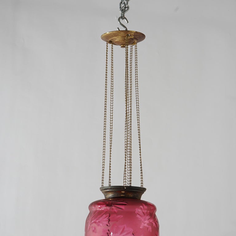 Antique Victorian Cut To Clear Cranberry Glass & Brass Hanging Hall Light C1880
