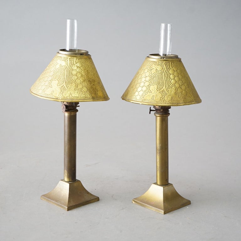 Antique Pair Arts & Crafts Miniature Oil Lamps with Stamped Brass Shades C1900