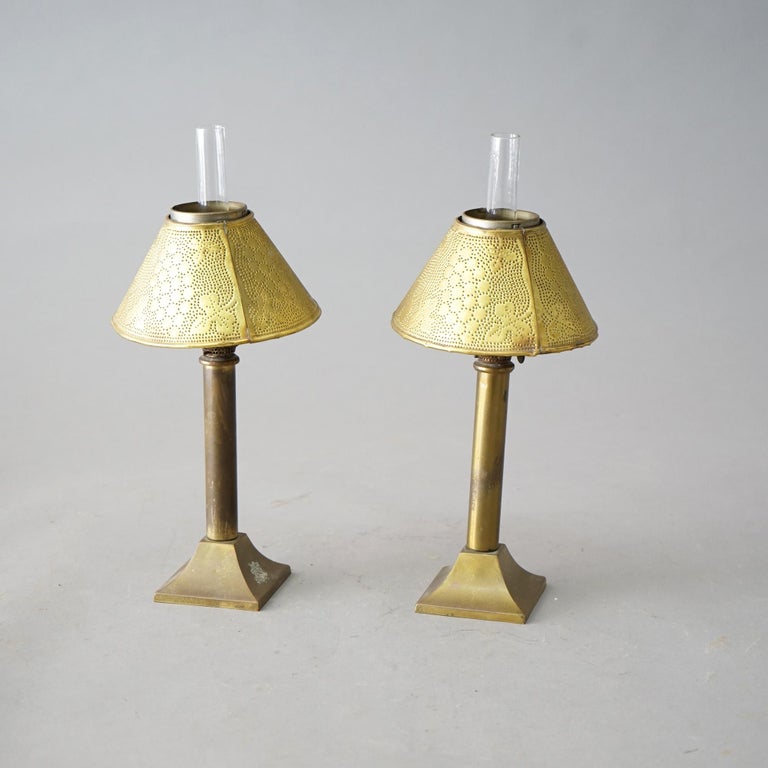 Antique Pair Arts & Crafts Miniature Oil Lamps with Stamped Brass Shades C1900