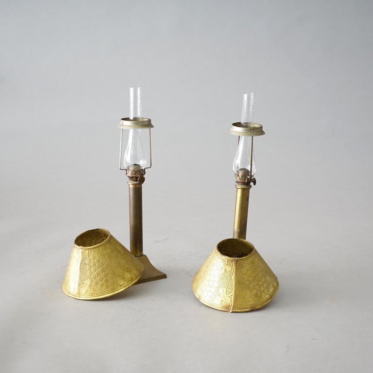 Antique Pair Arts & Crafts Miniature Oil Lamps with Stamped Brass Shades C1900