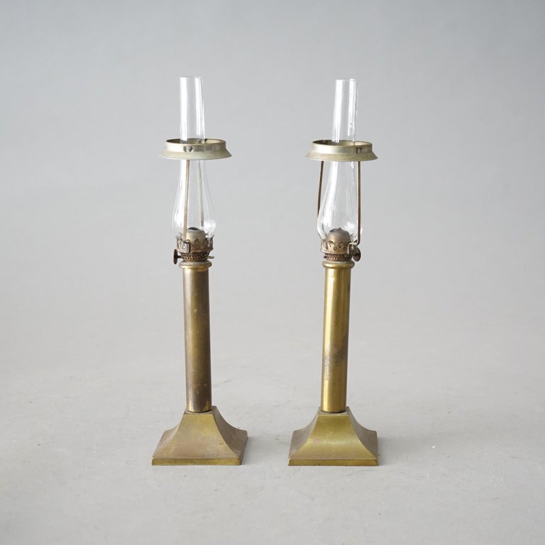 Antique Pair Arts & Crafts Miniature Oil Lamps with Stamped Brass Shades C1900