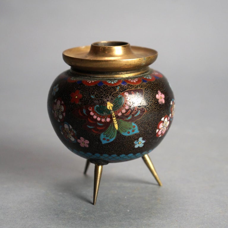Antique Japanese Cloisonne Enameled Footed Candleholder with Butterflies C1920