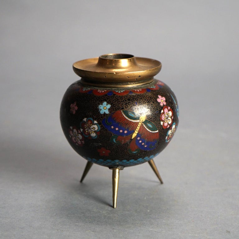 Antique Japanese Cloisonne Enameled Footed Candleholder with Butterflies C1920
