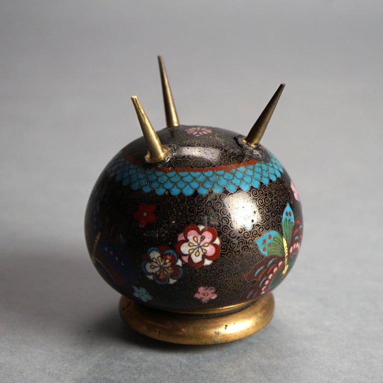 Antique Japanese Cloisonne Enameled Footed Candleholder with Butterflies C1920