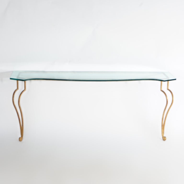 Italian Gold Gilt Wrought Iron Console Table with Glass Top 20th C