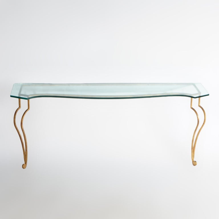 Italian Gold Gilt Wrought Iron Console Table with Glass Top 20th C