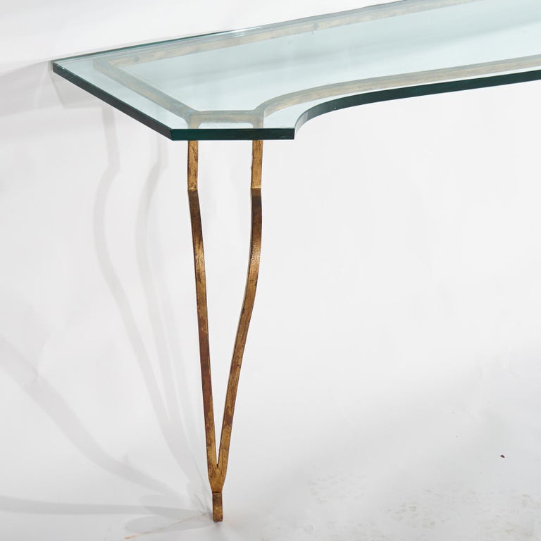 Italian Gold Gilt Wrought Iron Console Table with Glass Top 20th C