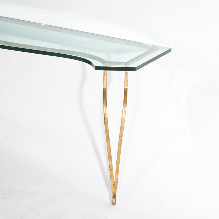 Italian Gold Gilt Wrought Iron Console Table with Glass Top 20th C