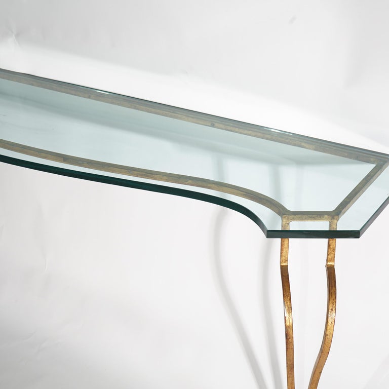 Italian Gold Gilt Wrought Iron Console Table with Glass Top 20th C