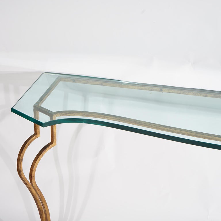Italian Gold Gilt Wrought Iron Console Table with Glass Top 20th C