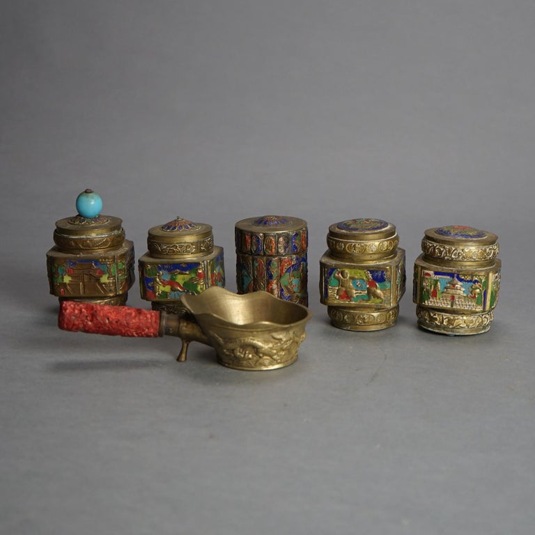 Six Antique Chinese Bronze and Enameled Scent Jars C1920