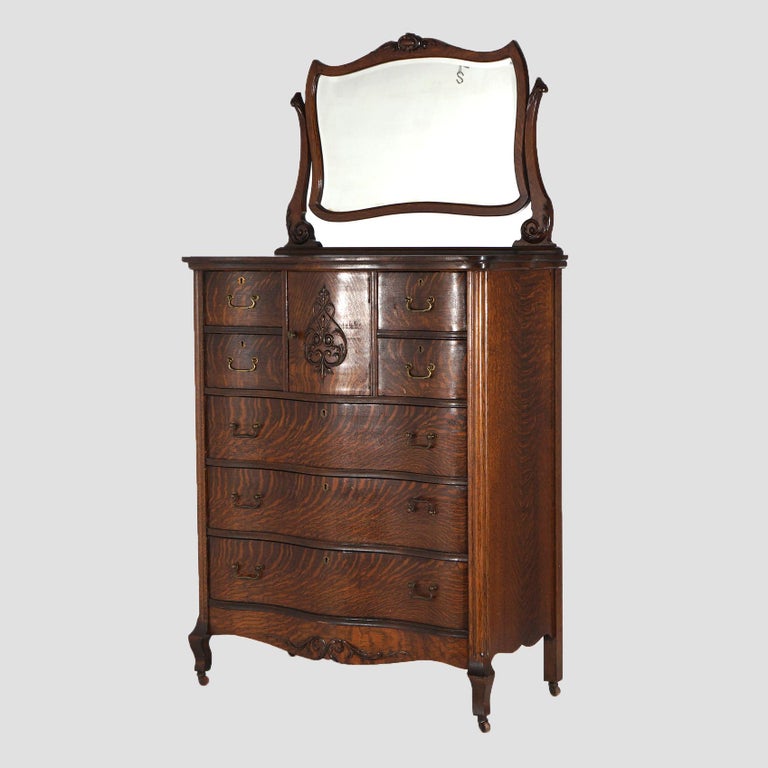 Antique Serpentine Oak Chiffonier Highboy Dresser with Mirror C1900