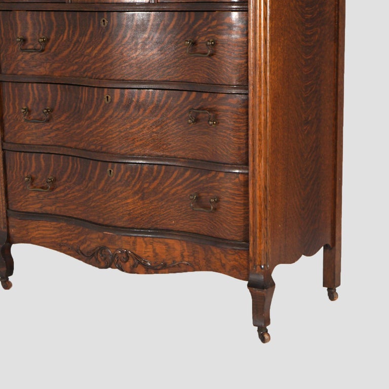 Antique Serpentine Oak Chiffonier Highboy Dresser with Mirror C1900