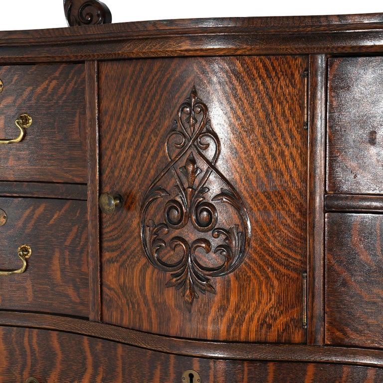 Antique Serpentine Oak Chiffonier Highboy Dresser with Mirror C1900