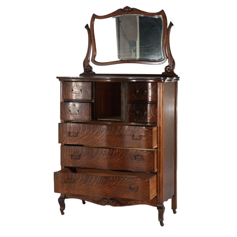 Antique Serpentine Oak Chiffonier Highboy Dresser with Mirror C1900