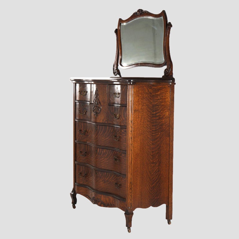 Antique Serpentine Oak Chiffonier Highboy Dresser with Mirror C1900