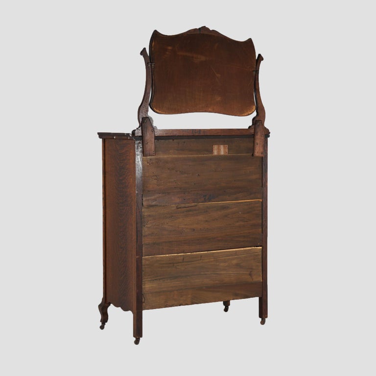 Antique Serpentine Oak Chiffonier Highboy Dresser with Mirror C1900