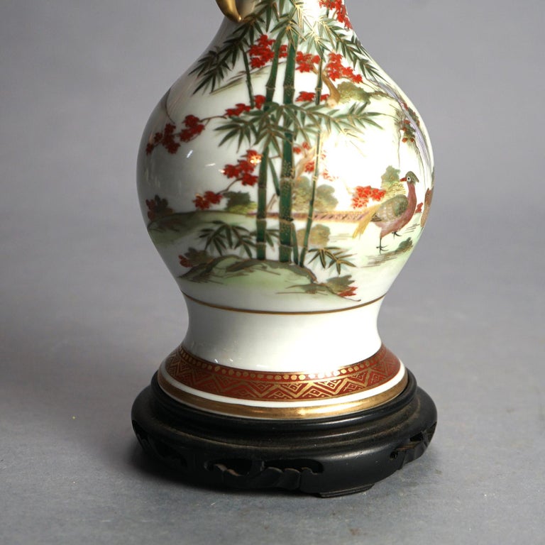 Antique Japanese Satsuma Hand Painted & Gilt Porcelain Vase on Wood Stand C1920