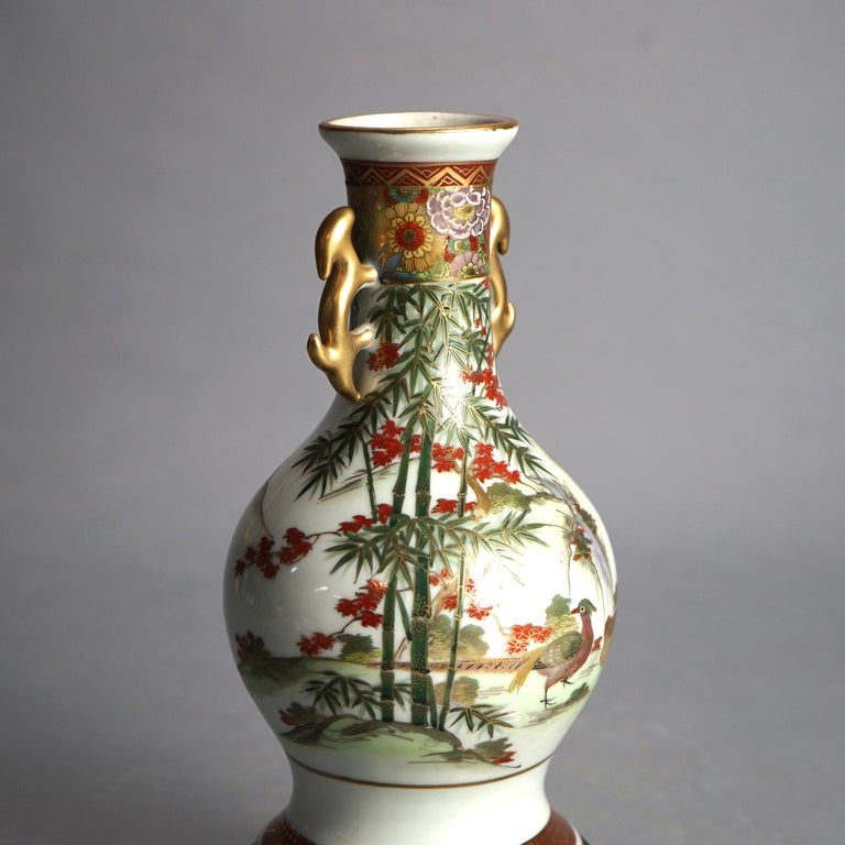 Antique Japanese Satsuma Hand Painted & Gilt Porcelain Vase on Wood Stand C1920