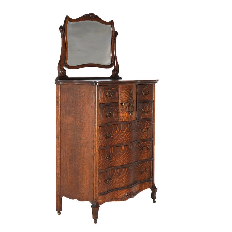 Antique Serpentine Oak Chiffonier Highboy Dresser with Mirror C1900