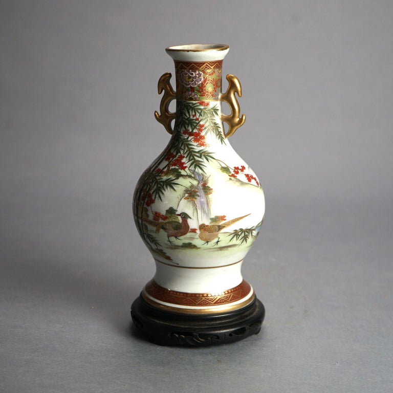 Antique Japanese Satsuma Hand Painted & Gilt Porcelain Vase on Wood Stand C1920