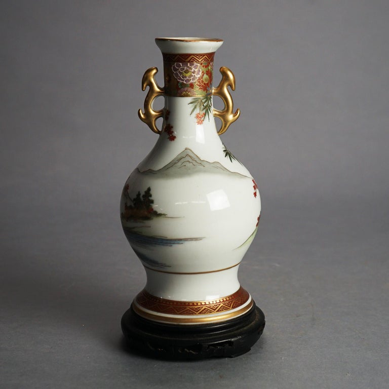 Antique Japanese Satsuma Hand Painted & Gilt Porcelain Vase on Wood Stand C1920
