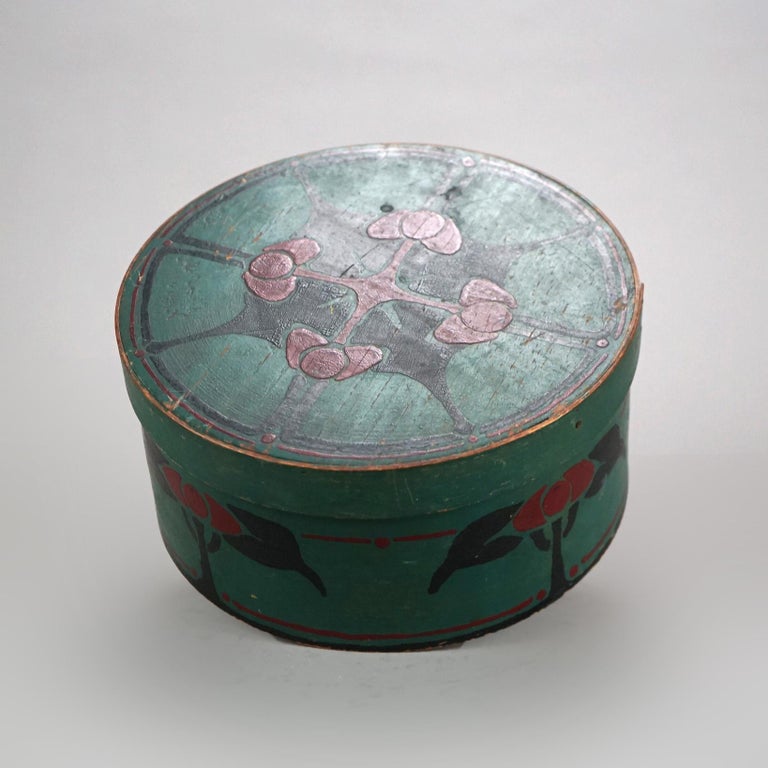 Antique Arts & Crafts Folk Art Painted Pantry Box with Stylized Flowers 19thC