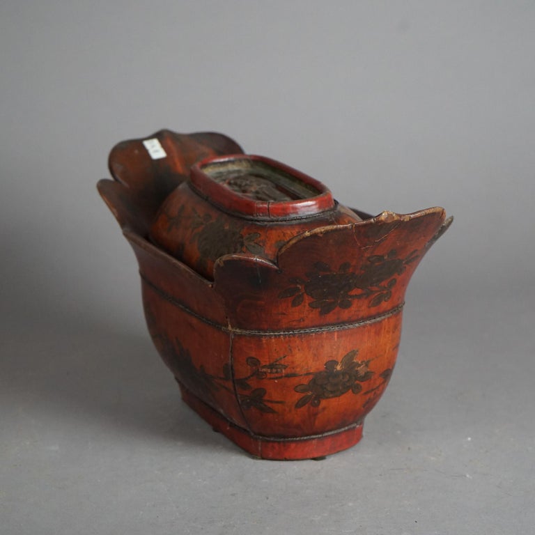 Antique Chinese Figural & Polychromed Wooden Basket Circa 1920