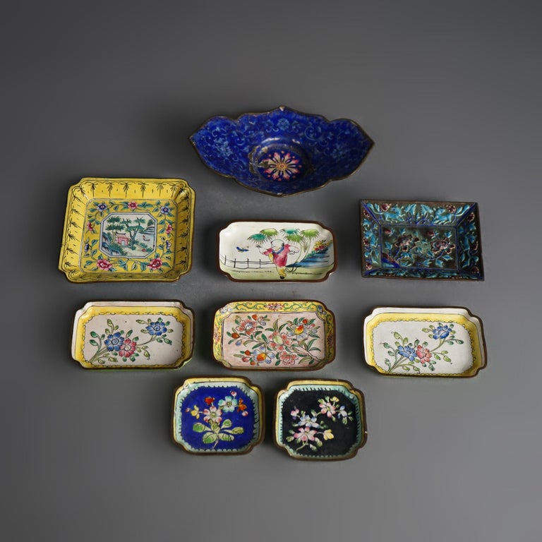 Nine Antique Chinese Cloisonne Enameled Saucers C1920