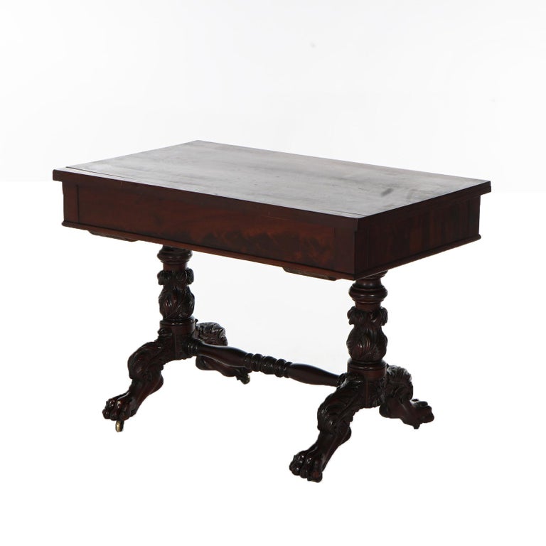 Antique American Empire Flame Mahogany Sofa Table, Carved Acanthus & Paws, C1840