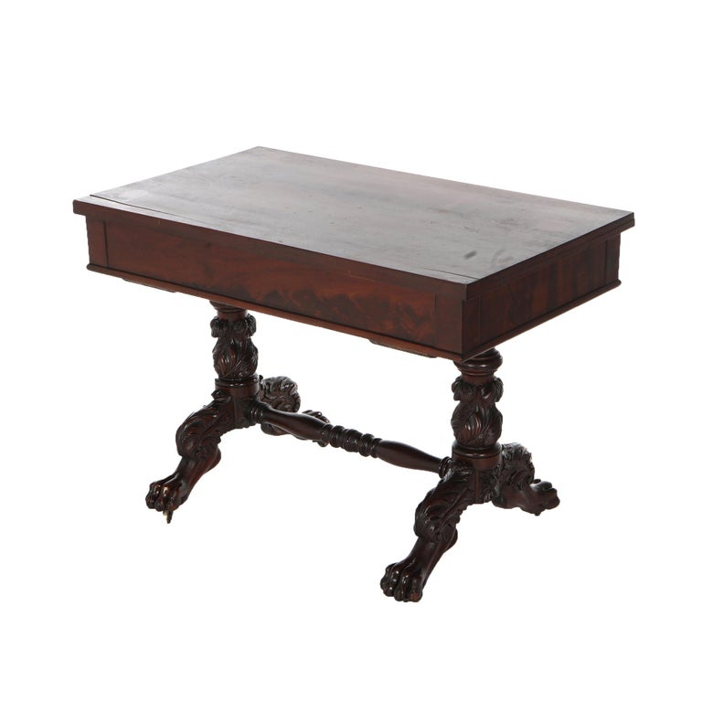 Antique American Empire Flame Mahogany Sofa Table, Carved Acanthus & Paws, C1840